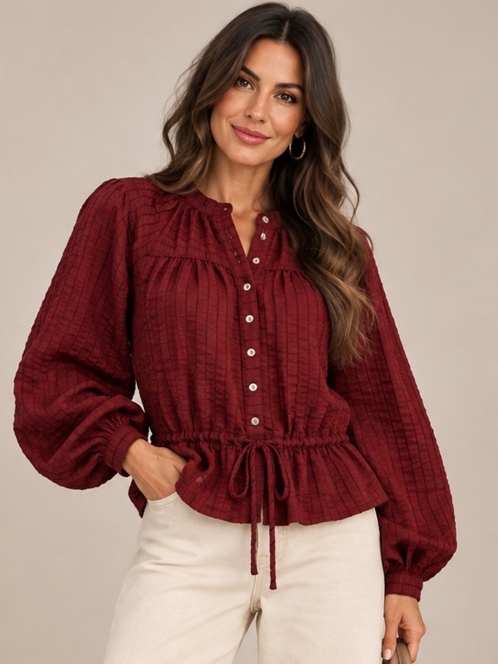 GIGIO Wine Textured Drawstring Peplum Blouse